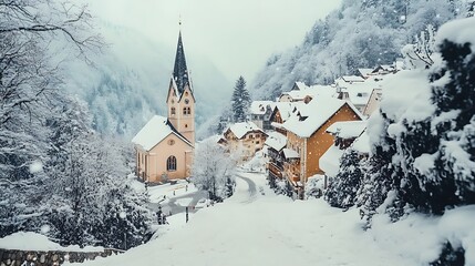 Snow-covered Church and Village Nestled in Snowy Mountains