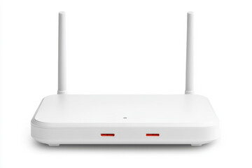 Modern white wireless router with antennas, ideal for home or office networking.