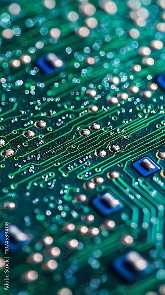 Aufkleber A futuristic digital circuit board with blue and green lights representing the infrastructure of modern computing systems with side empty space for text Stockphoto style