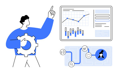 Person holding gear wheel pointing at data panel with graphs and charts, icons representing business processes. Ideal for business planning, strategy, data analysis, IT solutions, marketing, decision