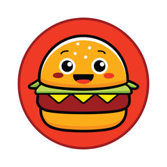 Cute Cartoon Burger Character Vector - Adorable and Playful Fast Food Illustration with Smiling Hamburger for Fun Food Art