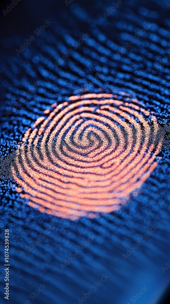 Poster A close-up of a fingerprint scanner on a smartphone illustrating biometric security in modern devices with side empty space for text Stockphoto style