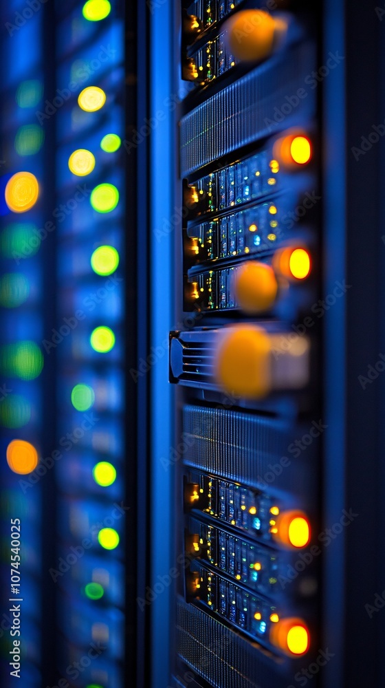 Fototapete A row of servers in a data center with blinking lights representing the backbone of cloud computing and online storage with side empty space for text Stockphoto style