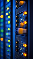 A row of servers in a data center with blinking lights representing the backbone of cloud computing and online storage with side empty space for text Stockphoto style