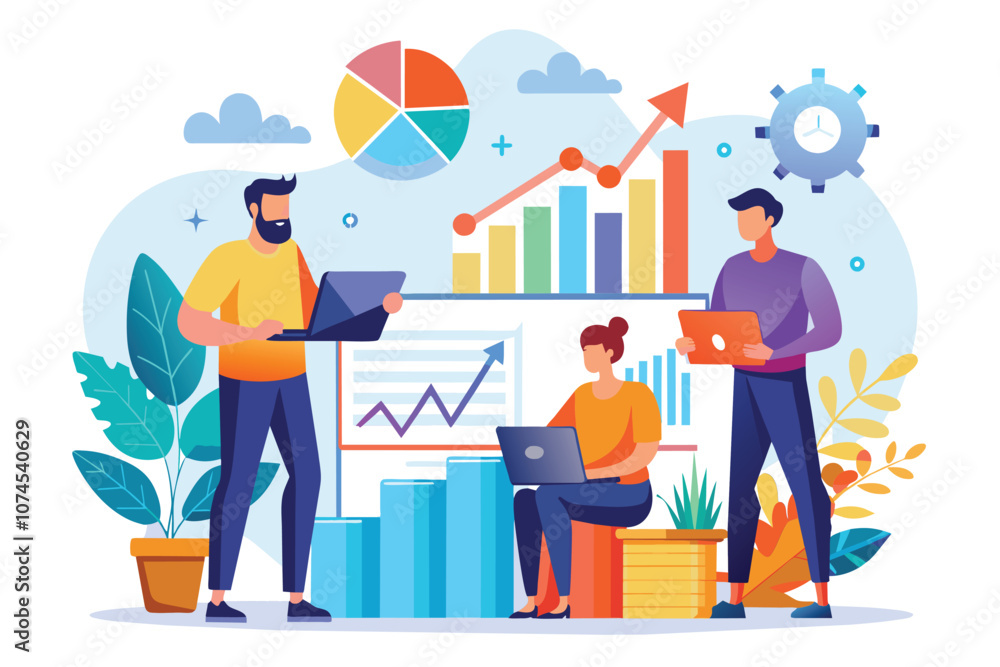 Aufkleber three individuals review growth metrics using laptops and visual aids in a bright, vibrant office se