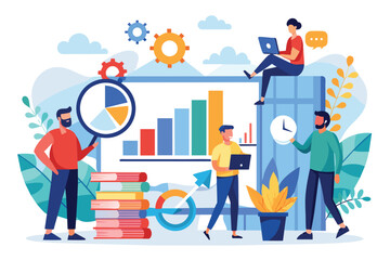 A group of men collaborates on growth data analysis using colorful illustrations and digital devices Men analyze growth data using flat illustrations.