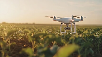 A close-up of a drone's camera capturing detailed images of crops and soil for precision agriculture.