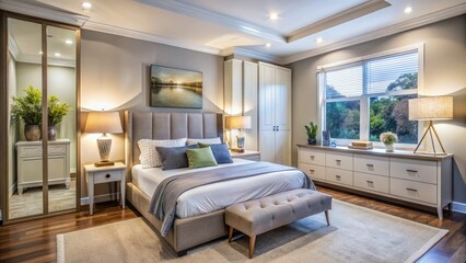 Fototapeta premium Elevate your space with stylish bedroom furniture from Moorabbin, creating a cozy atmosphere that enhances your home decor and provides an elegant touch.