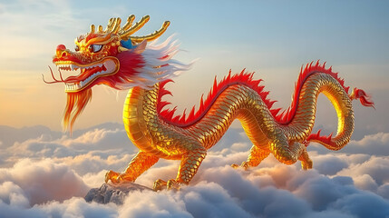 Fototapeta premium Golden Dragon Soaring Above Clouds - 3D Illustration
