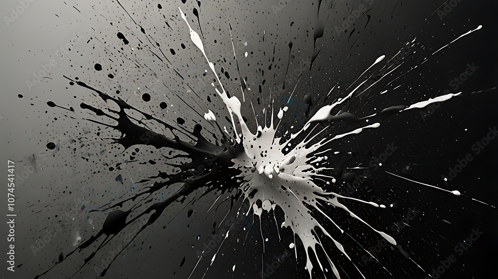 Poster dynamic black and white splatter forms an abstract design, dark backdrop