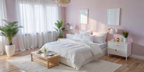Fototapeta premium Embrace peaceful living in a minimalist white bedroom adorned with matching walls and furniture, establishing a tranquil space that promotes relaxation and stylish home decor.