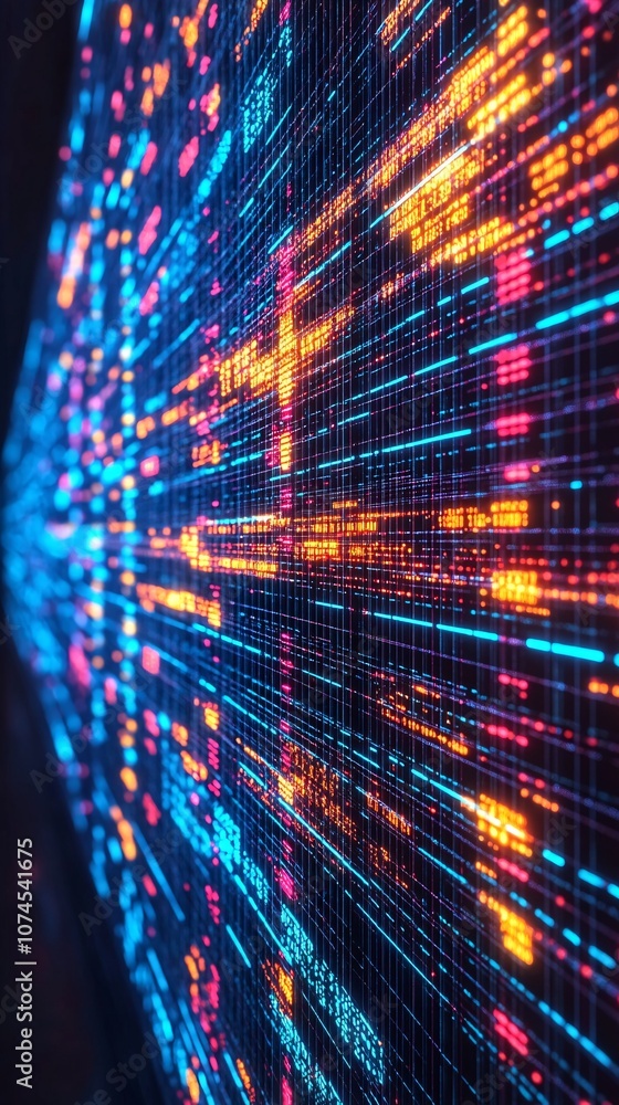Poster A digital screen with blockchain code displayed in bright neon colors against a dark background representing cryptocurrency and decentralized finance with side empty space for text Stockphoto style