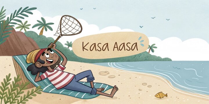 Indian fisherman relaxes on a beach towel, holding a fishing net and smiling, with the phrase kasa aasa in the background, capturing a peaceful coastal scene in india