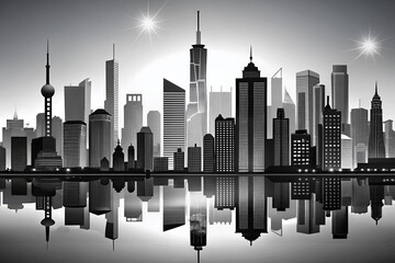 Stunning Black and White Panorama of Urban Cities Showcasing Architectural Diversity and Urban Exploration in an Artistic Vector Art Style for Creative Projects