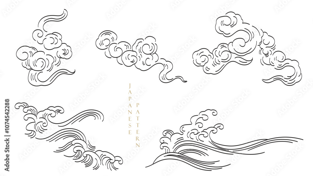 Wall mural abstract landscape with japanese wave pattern vector. nature art background with chinese wave and cl