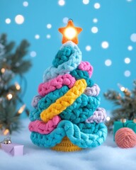 Colorful Crochet Christmas Tree with Star Ornament, Soft Pastels, Winter Holiday Decoration, Cozy Atmosphere, Festive Vibes and Warm Lights in a Dreamy Setting