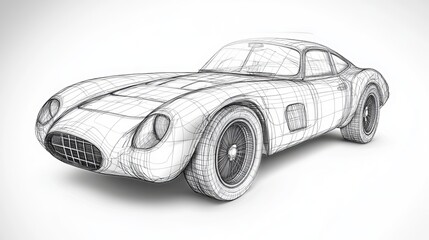 Sketch of a car in 3D vector wireframe style with separated layers of visible and invisible lines
