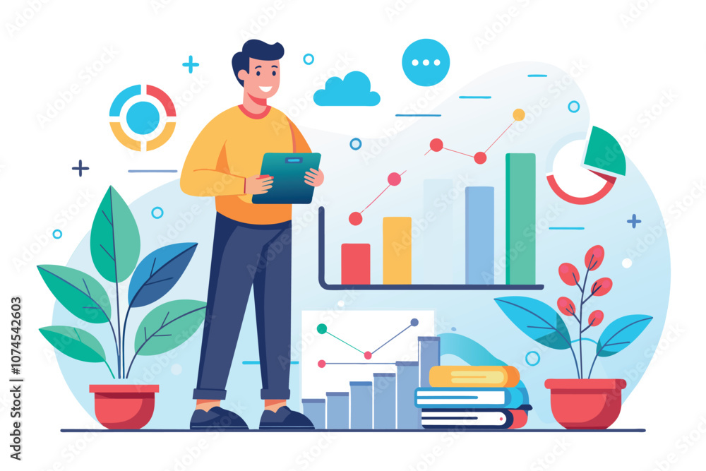 Poster a man analyzes growth data using charts and graphs in a contemporary workspace with plants men's gro