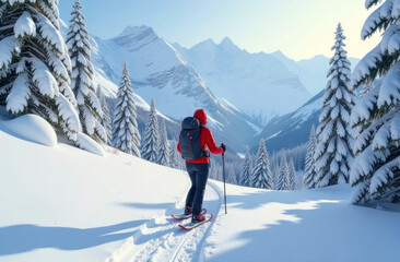 A person in a red jacket explores a snowy trail while surrounded by tall evergreen trees and distant peaks