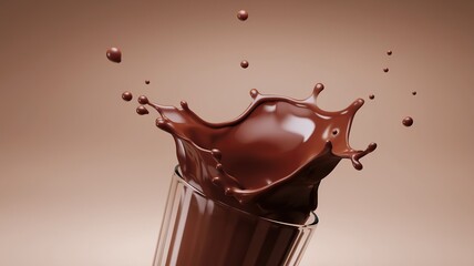 splash of chocolate or cocoa. The chocolate is splashing out of a glass and is in mid-air.