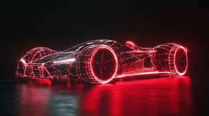 Sport car wireframe model with red neon on a black background 3D render