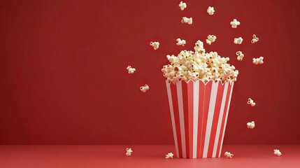 Striped popcorn box set against a red background