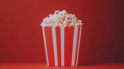 Striped popcorn box set against a red background