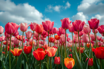 colorful tulips field with blue sky and clouds