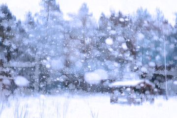 Fototapeta premium Winter landscape through a frozen window. Blurred snow background. Trees and plants covered with snow.