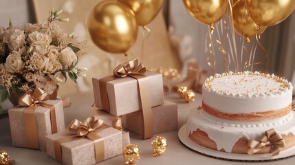 A luxurious birthday table mockup with an elegant table setting, featuring ornate gift boxes with silk ribbons, a delicate bouquet, golden balloons, and sparkling 