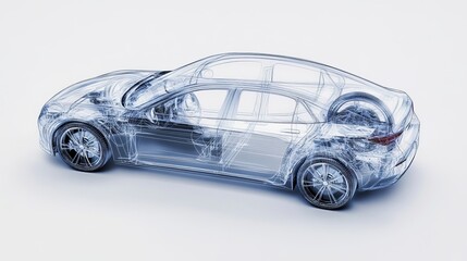 Transparent car design in a 3D wireframe model illustration