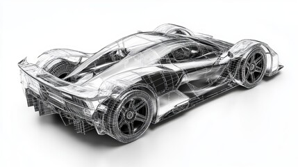 Transparent car design in a 3D wireframe model illustration