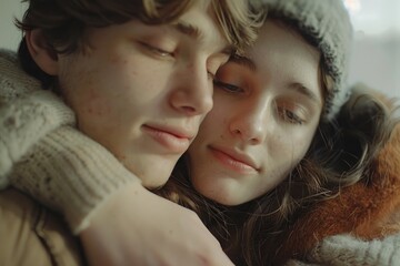 A boy and a girl share a warm hug