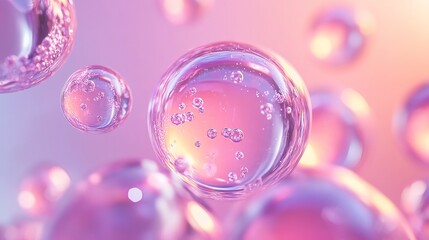 Transparent liquid bubble encapsulating a molecule on a soft minimal background ideal for cosmetic essence concepts 3D rendering