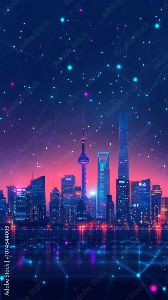 Fototapete A digital illustration of smart city infrastructure with connected devices and data networks representing urban technology innovations with side empty space for text Stockphoto style