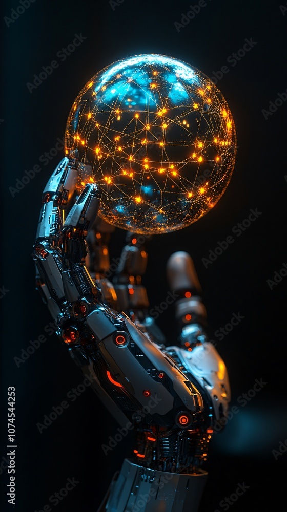 Fototapete A robotic hand holding a holographic globe with a grid of digital networks representing global technological impact with side empty space for text Stockphoto style
