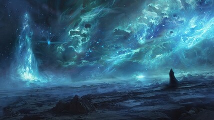 On the desolate planet the only source of light came from the glowing starry mist that shrouded the land creating a mysterious and haunting atmosphere.