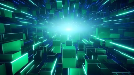 Obraz premium 3d rendering of mind green and blue abstract geometric background. Scene for advertising, technology, showcase, banner, game, sport, cosmetic, business, metaverse. Sci-Fi Illustration. Product displa
