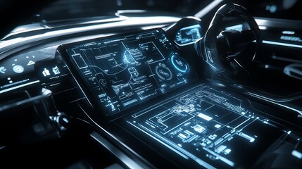 Wireframe model of a modern car with a hightech user interface in a dark environment front view 3D illustration
