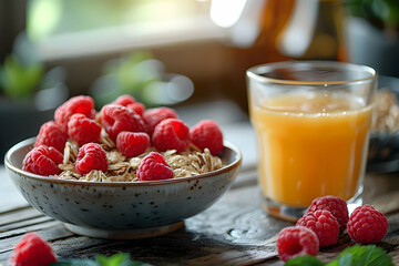 muesli breakfast on a wooden table
