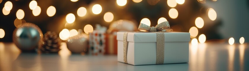 Beautifully Wrapped Gift Box with Ribbon in a Cozy Holiday Setting Surrounded by Twinkling Lights and Festive Decorations for Christmas Celebration