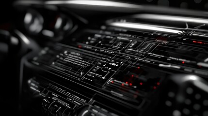 Wireframe model of a modern car with a hightech user interface in a dark environment front view 3D illustration