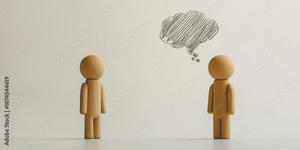 Aufkleber minimalistic scene featuring two wooden figures facing each other, with a drawn thought bubble in be