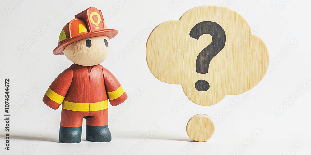 Poster wooden firefighter figurine in uniform with a speech bubble containing a question mark, representing