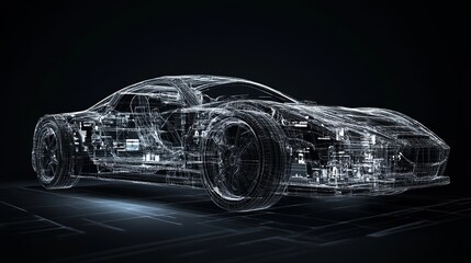 Wireframe model of a modern car with a hightech user interface in a dark environment front view 3D illustration