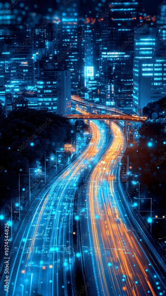 Poster An aerial view of smart traffic management systems in a city with digital interfaces highlighting advancements in urban planning technology with side empty space for text Stockphoto style