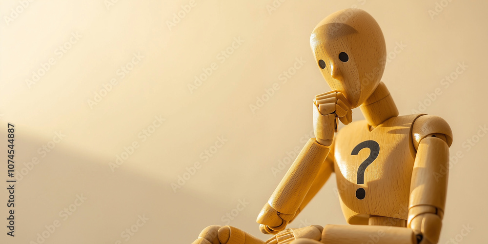Poster a wooden figure in a thinking pose with a question mark on its chest, symbolizing contemplation, pro