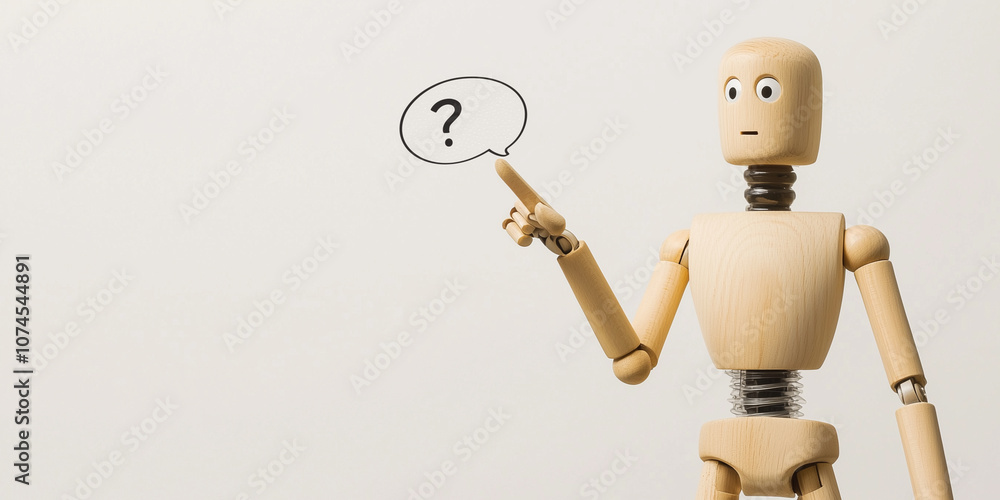 Poster a robotic wooden figure pointing at a small speech bubble with a question mark, symbolizing curiosit