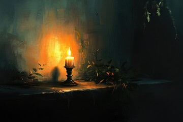 A Single Candle Illuminates a Dark Room with Plants