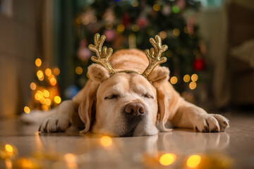 cute funny Labrador dog with deer horns on the background of a Christmas tree. christmas lights, christmas greeting card